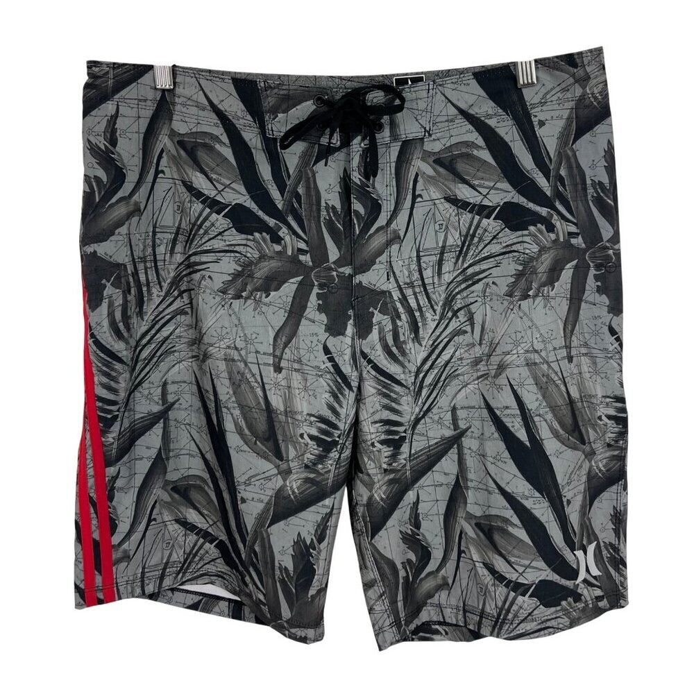 Hurley Mens 34 Gray Tropical Board Shorts Red Stripe Gray Stretch Swim EUC